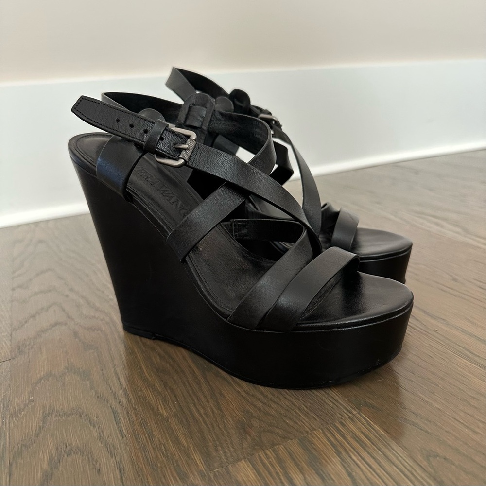 Vera Wang Black Leather Strappy Wedge Sandals Size 7.5